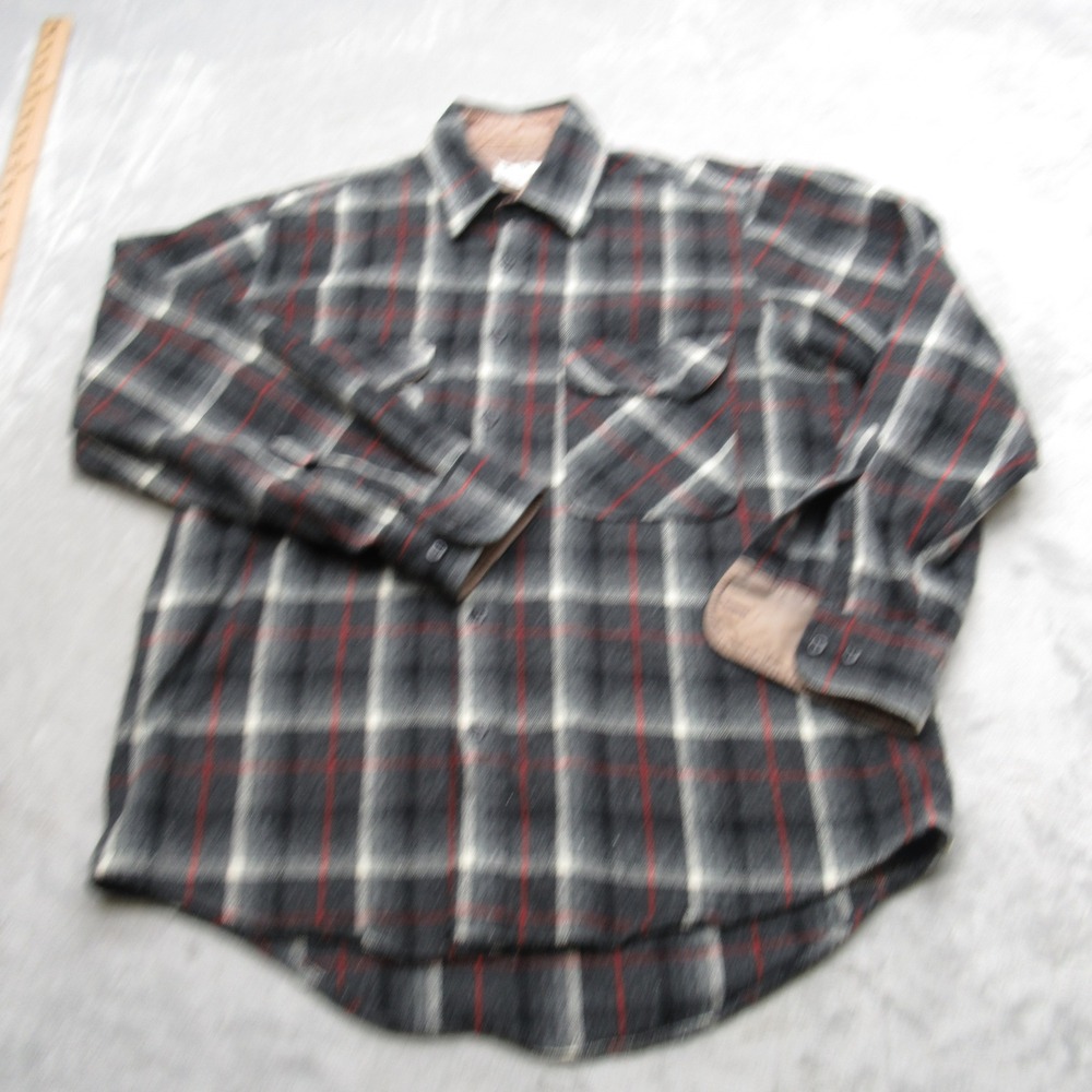 Sears Roebuck Shirt Mens Medium Gray Plaid Red Stripe Button‎ Wool Blend VTG 70s